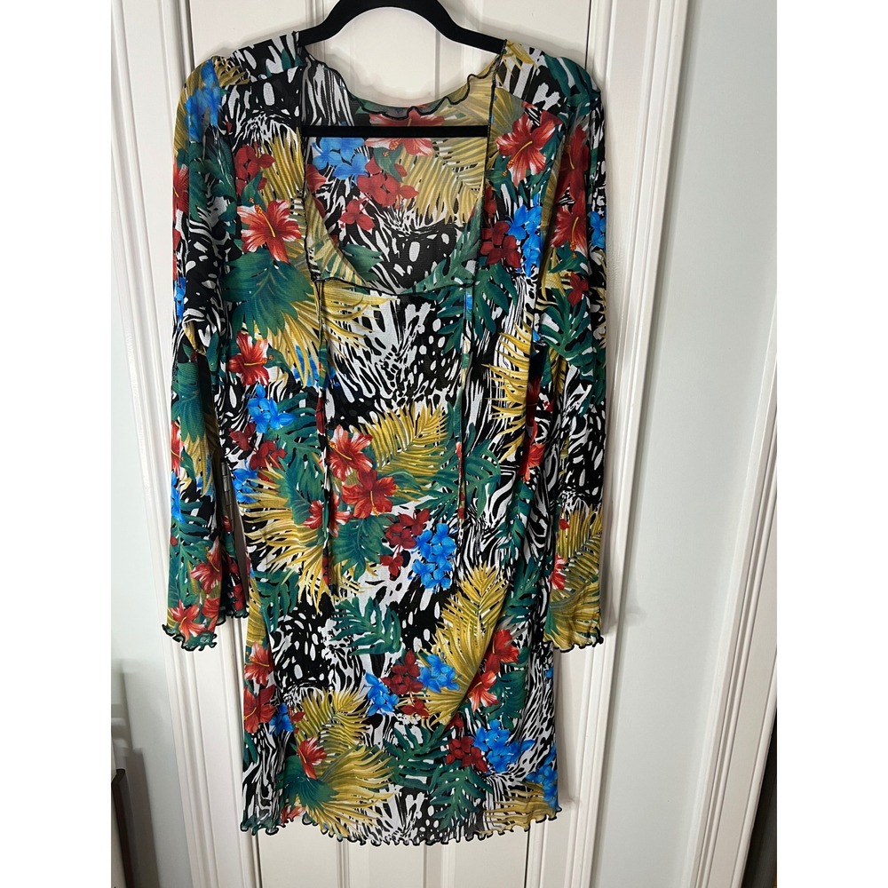 Spiegel Tropical Zebra Print Mesh Mini Dress Long Sleeve Lettuce Edge XL NWT